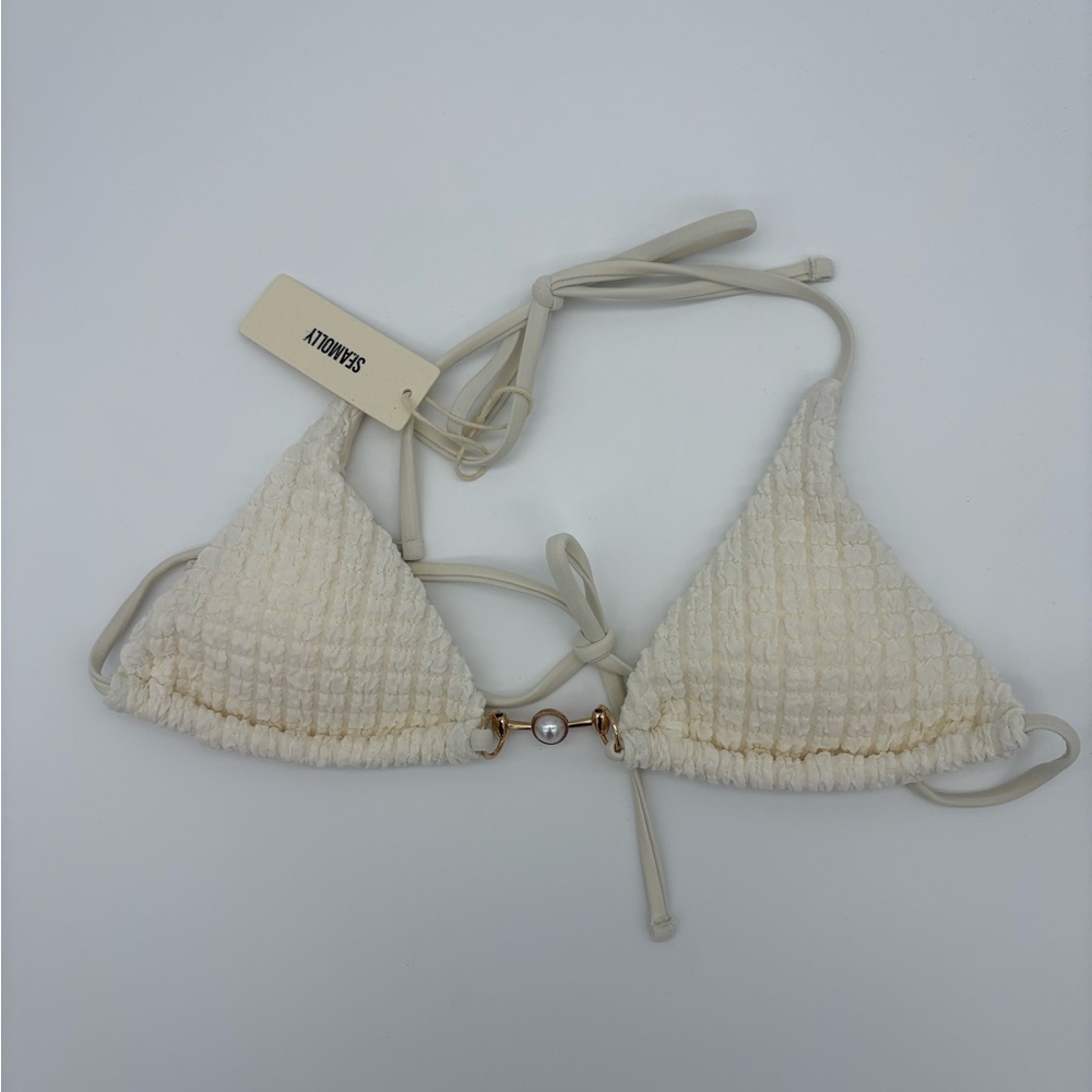 Seafolly Cream Waffle Textured Pearl-Accent Tie Bikini NWT - Picture 3 of 6